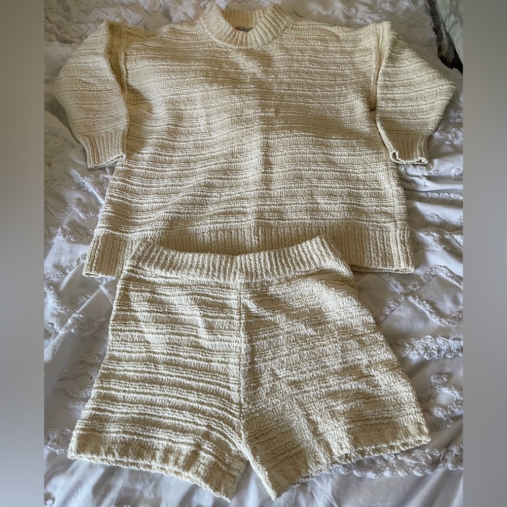 Free people Cream Knit Sweater and Shorts Set